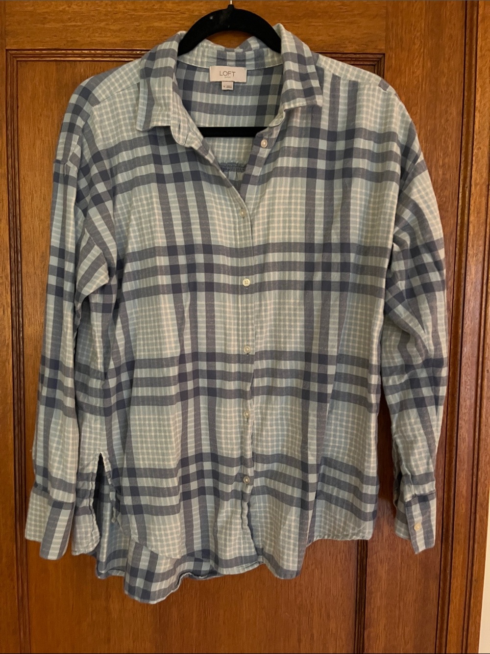 LOFT Blue Plaid Relaxed Flannel Button-Up Shirt